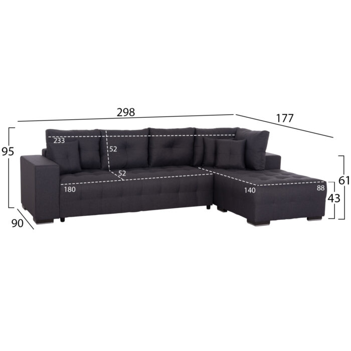 ΓΩΝΙΑΚΟΣ ΚΑΝΑΠΕΣ-ΚΡΕΒΑΤΙ ΜΕ ΑΠΟΘ.ΧΩΡΟ TRENDSTON HM3302.01R ΓΚΡΙ ΥΦΑΣΜΑ 298x177x95Υεκ - Image 2