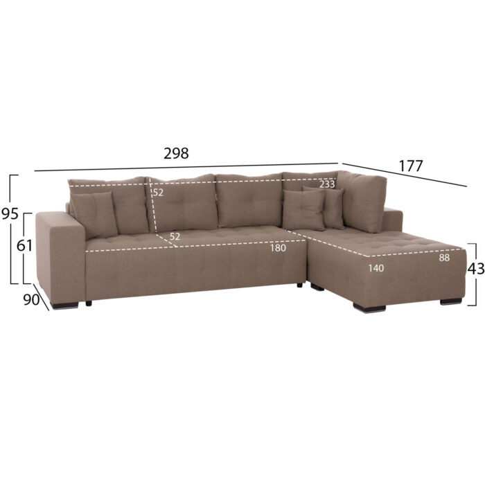 ΓΩΝΙΑΚΟΣ ΚΑΝΑΠΕΣ-ΚΡΕΒΑΤΙ ΜΕ ΑΠΟΘ.ΧΩΡΟ TRENDSTON HM3302.03R ΜΠΕΖ ΥΦΑΣΜΑ 298x177x95Υεκ - Image 2