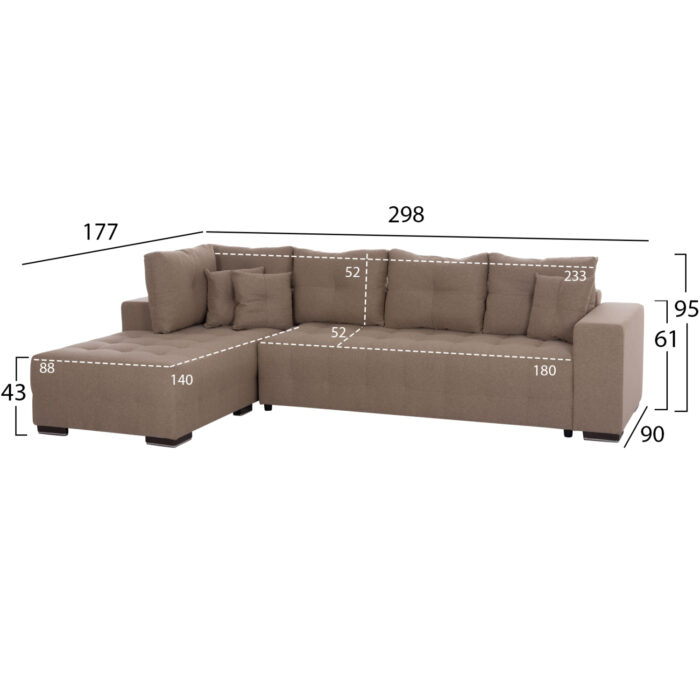 ΓΩΝΙΑΚΟΣ ΚΑΝΑΠΕΣ-ΚΡΕΒΑΤΙ ΜΕ ΑΠΟΘ.ΧΩΡΟ TRENDSTON HM3302.03L ΜΠΕΖ ΥΦΑΣΜΑ 298x177x95Υεκ - Image 2