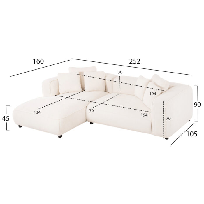 ΚΑΝΑΠΕΣ ΓΩΝΙΑ (ΑΡΙΣΤΕΡΗ) 3-ΘΕΣΙΟΣ GRACE HM3280.02L ΛΕΥΚΟ ΥΦΑΣΜΑ 252x160x70-90Υεκ - Image 2