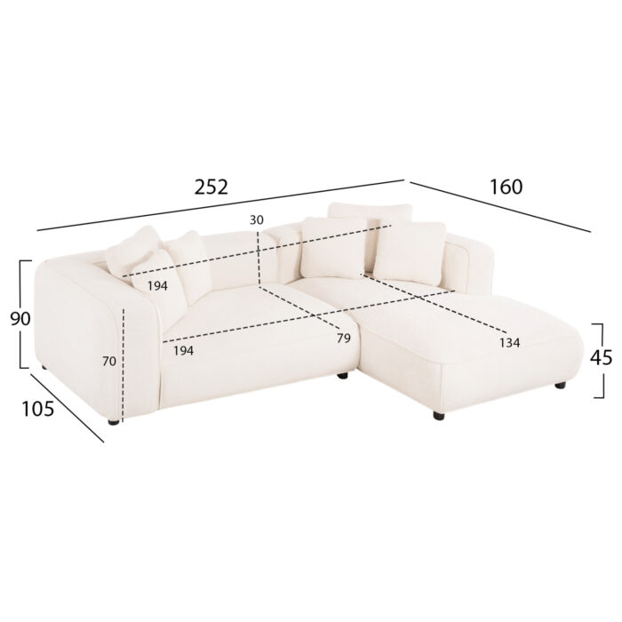 ΚΑΝΑΠΕΣ ΓΩΝΙΑ (ΔΕΞΙΑ) 3-ΘΕΣΙΟΣ GRACE HM3280.02R ΛΕΥΚΟ ΥΦΑΣΜΑ 252x160x70-90Υεκ - Image 2
