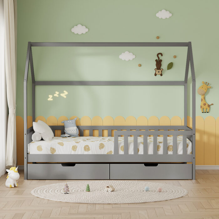 ΚΡΕΒΑΤΙ ΠΑΙΔΙΚΟ ΜΕ ΣΥΡΤΑΡΙΑ PHYLLIS HM724.05 τ.MONTESSORI ΓΚΡΙ 196x97x161Υεκ. - Image 4