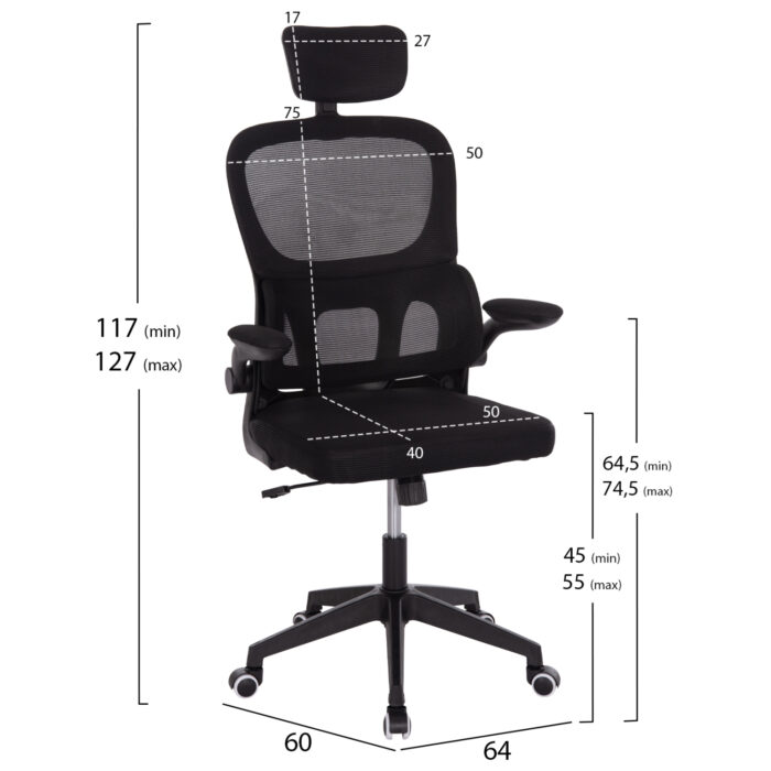 ΚΑΡΕΚΛΑ ΓΡΑΦΕΙΟΥ BASTON HM18236.01 ΜΑΥΡΟ MESH & PP ΣΚΕΛΕΤΟΣ 64x60x117-127Υεκ. - Image 2