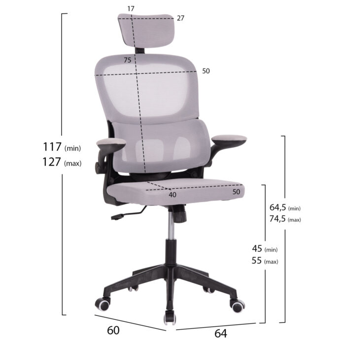 ΚΑΡΕΚΛΑ ΓΡΑΦΕΙΟΥ BASTON HM18236.02 ΓΚΡΙ MESH & ΜΑΥΡΟ PP ΣΚΕΛΕΤΟΣ 64x60x127Υεκ. - Image 2