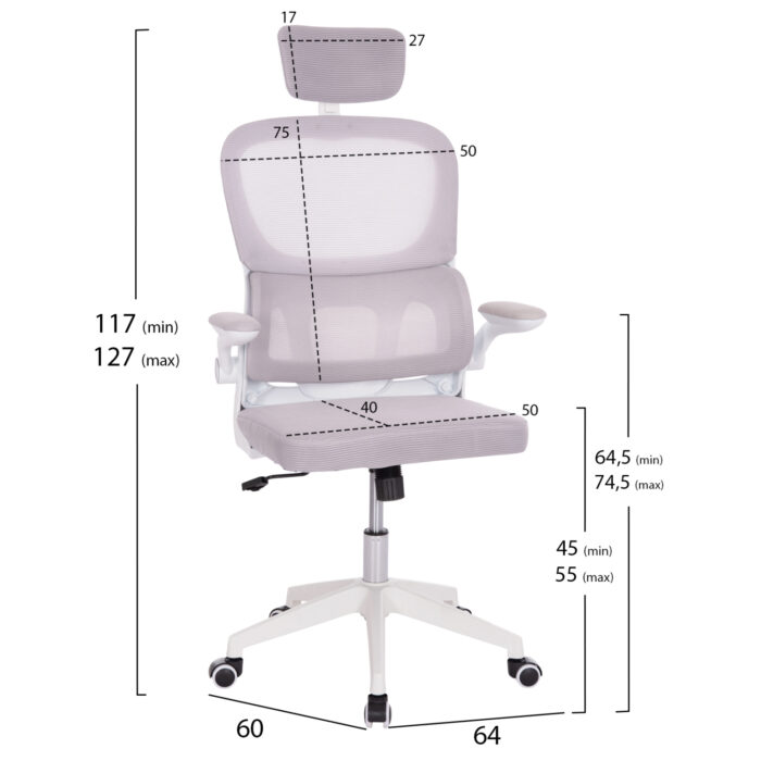 ΚΑΡΕΚΛΑ ΓΡΑΦΕΙΟΥ BASTON HM18236.03 ΓΚΡΙ MESH & ΛΕΥΚΟΣ PP ΣΚΕΛΕΤΟΣ 64x60x127Υεκ. - Image 2
